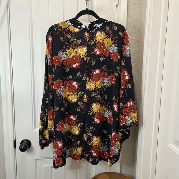 Time and Tru Black Red Gold Floral Open Front Kimono Top Womens One Size - Picture 6 of 9
